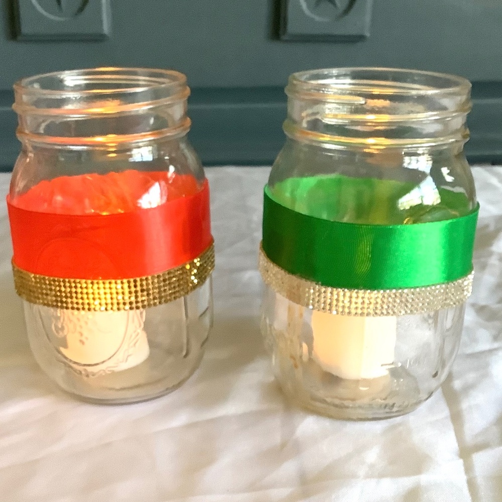 Set of 2 Mason jar candle holders with ribbon & rhinestones..you pick colors